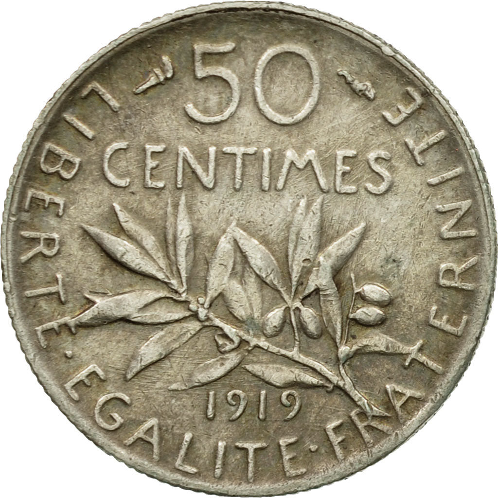 Moneta, Francia, Semeuse, 50 Centimes, 1919, Paris, MB+, Argento, KM:854