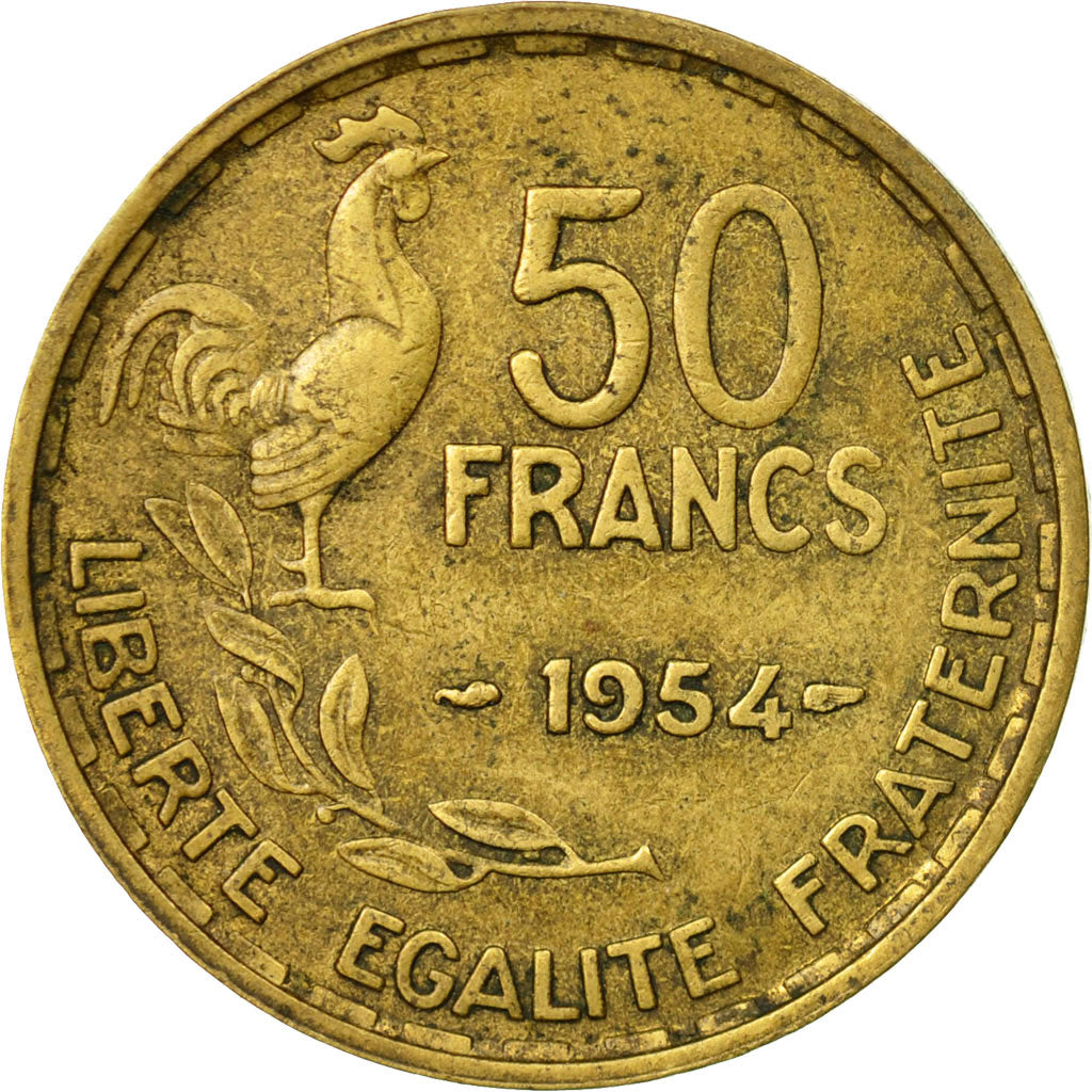 Moneda, Francia, Guiraud, 50 Francs, 1954, Paris, MBC, Aluminio - bronce