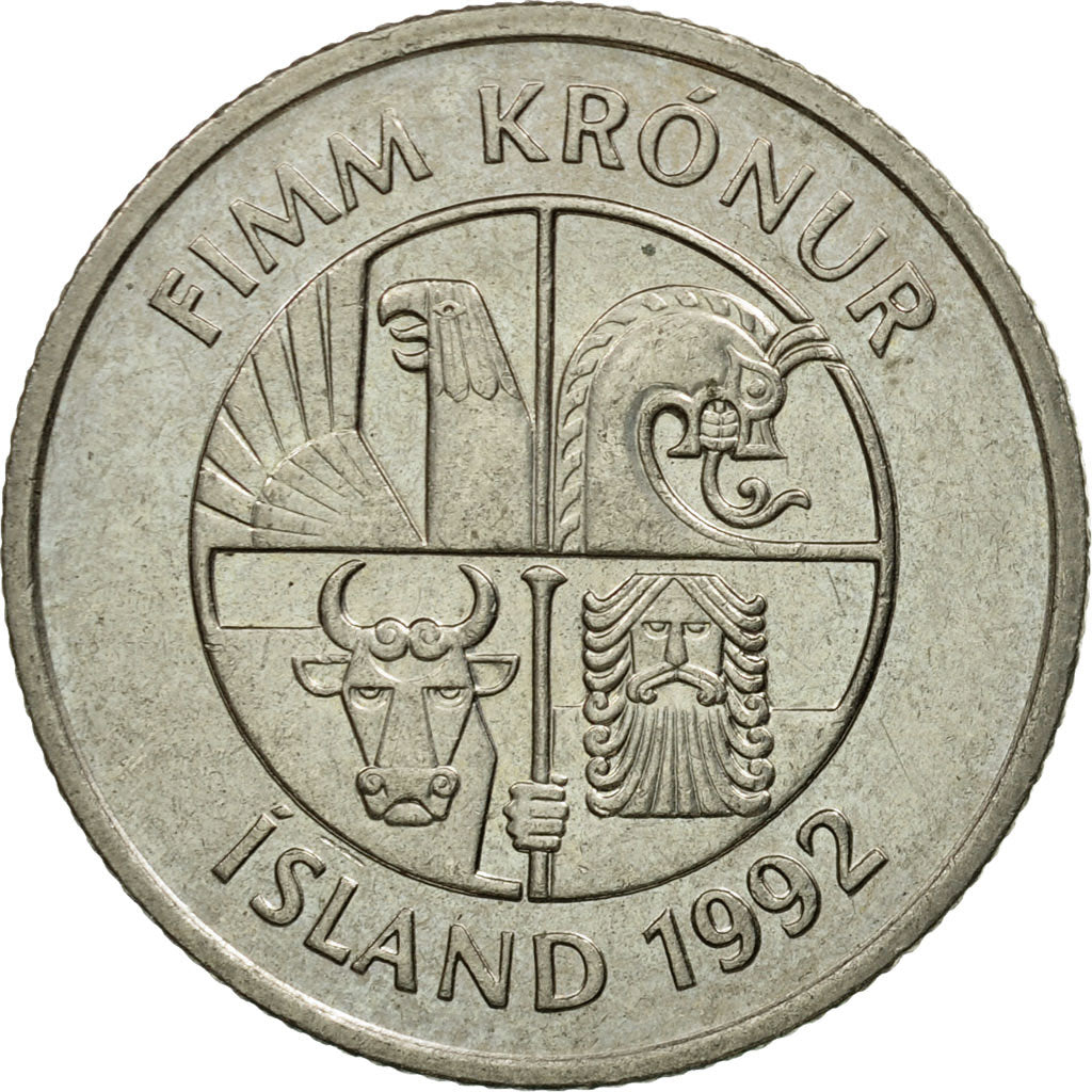 Coin, Iceland, 5 Kronur, 1992, EF(40-45), Copper-nickel, KM:28