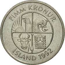 Coin, Iceland, 5 Kronur, 1992, EF(40-45), Copper-nickel, KM:28