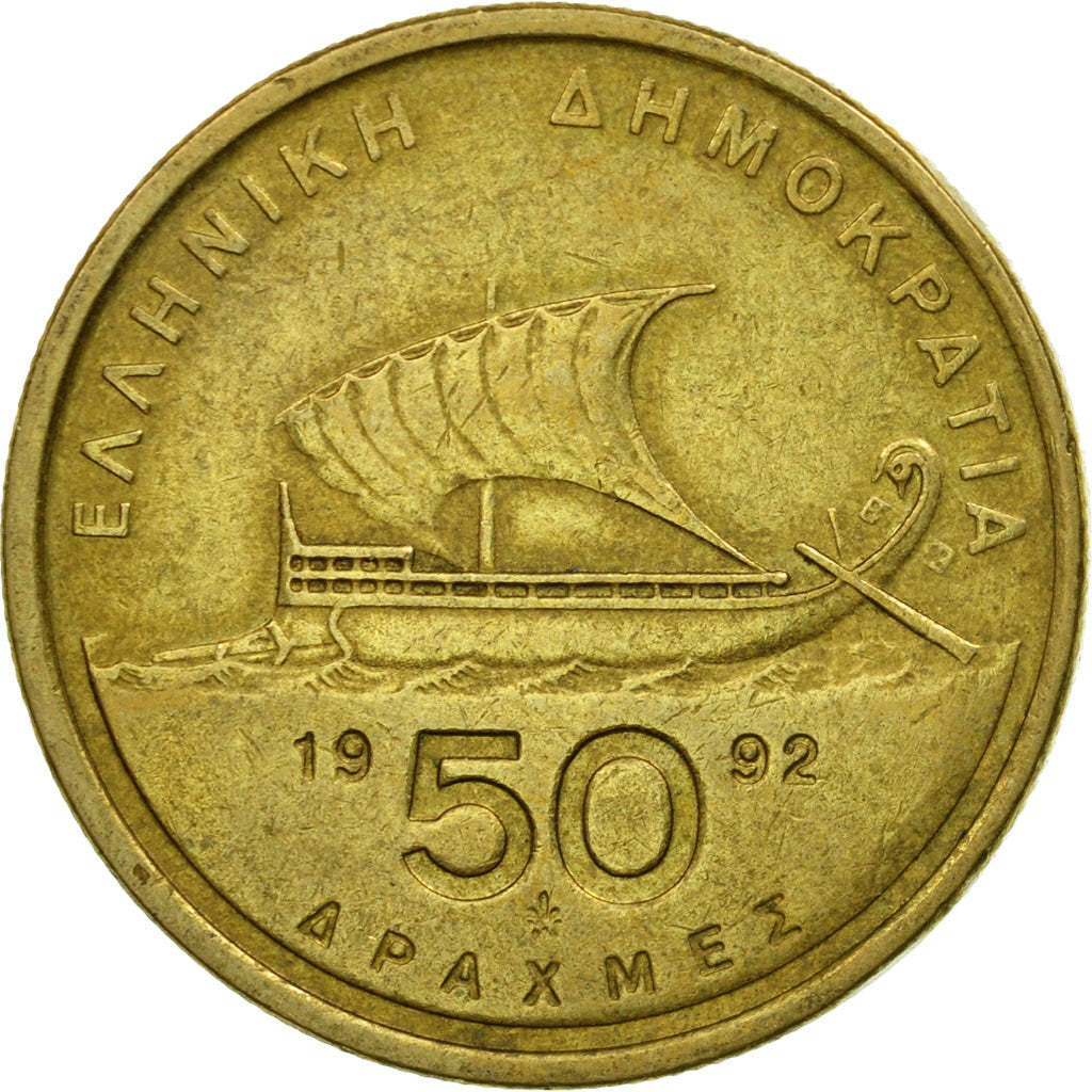 Coin, Greece, 50 Drachmes, 1992, EF(40-45), Aluminum-Bronze, KM:147