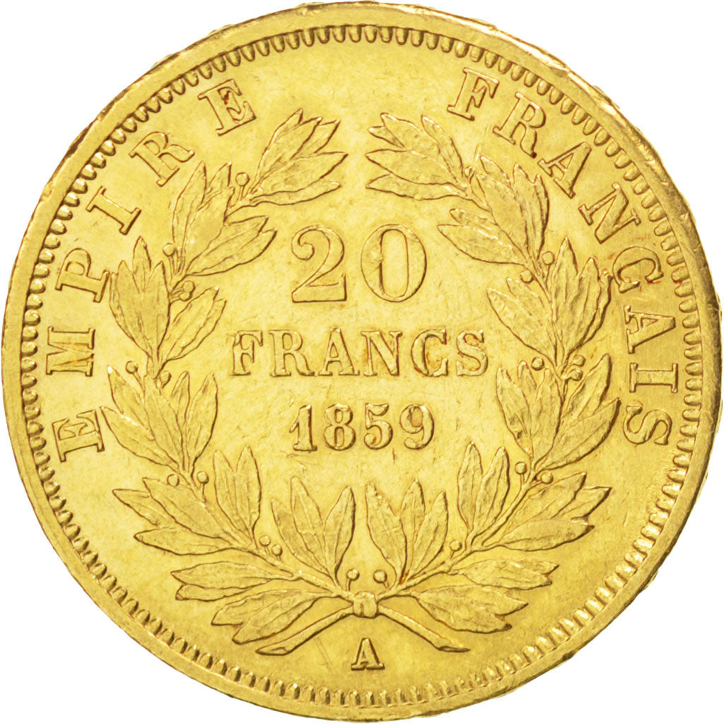 FRANCE, Napoléon III, 20 Francs, 1859, Paris, KM #781.1, AU(55-58), Gold, Gadour