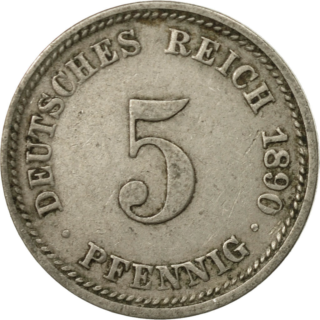 Moneda, ALEMANIA - IMPERIO, Wilhelm II, 5 Pfennig, 1890, Munich, BC+, Cobre -