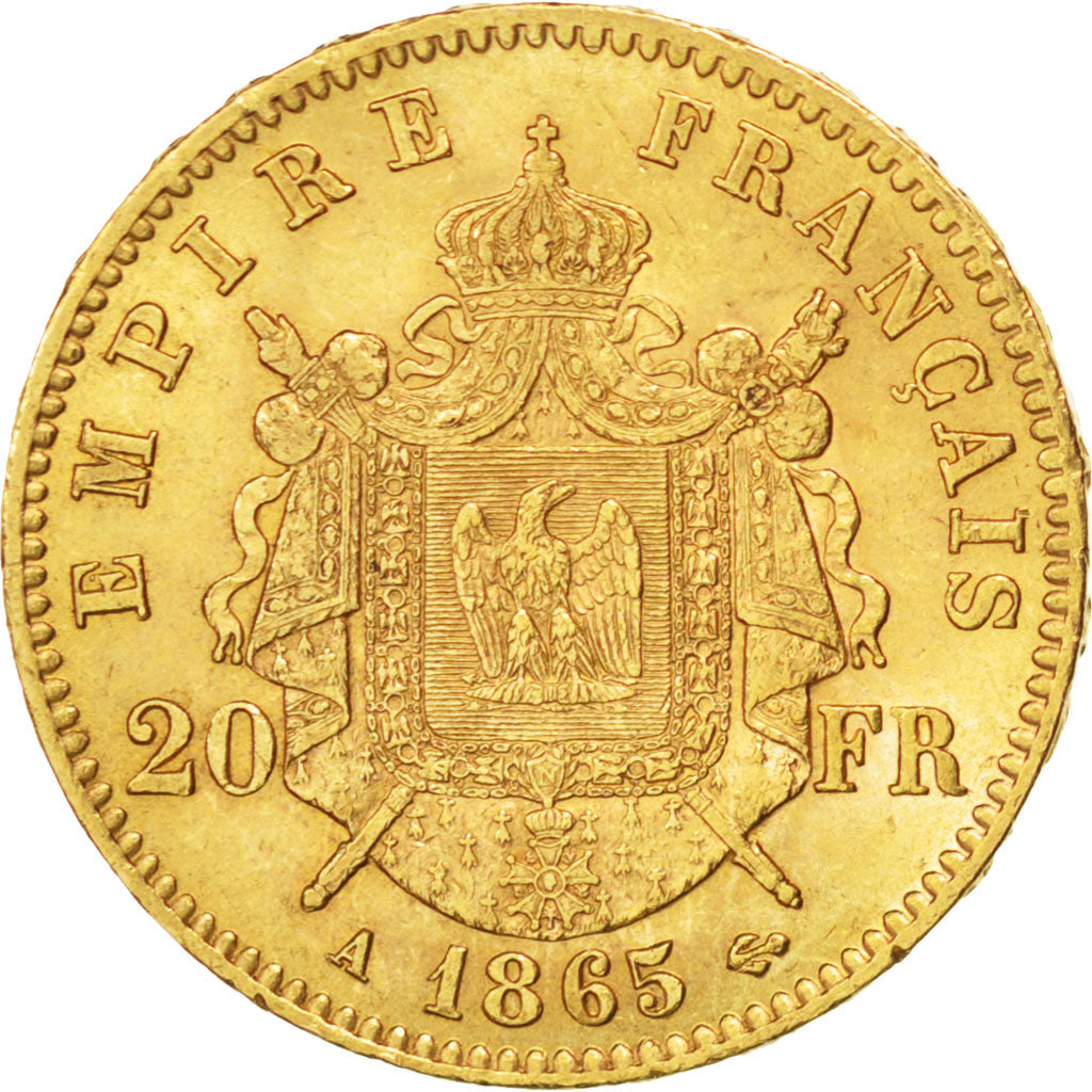 FRANCE, Napoléon III, 20 Francs, 1865, Paris, KM #801.1, AU(55-58), Gold, Gadour