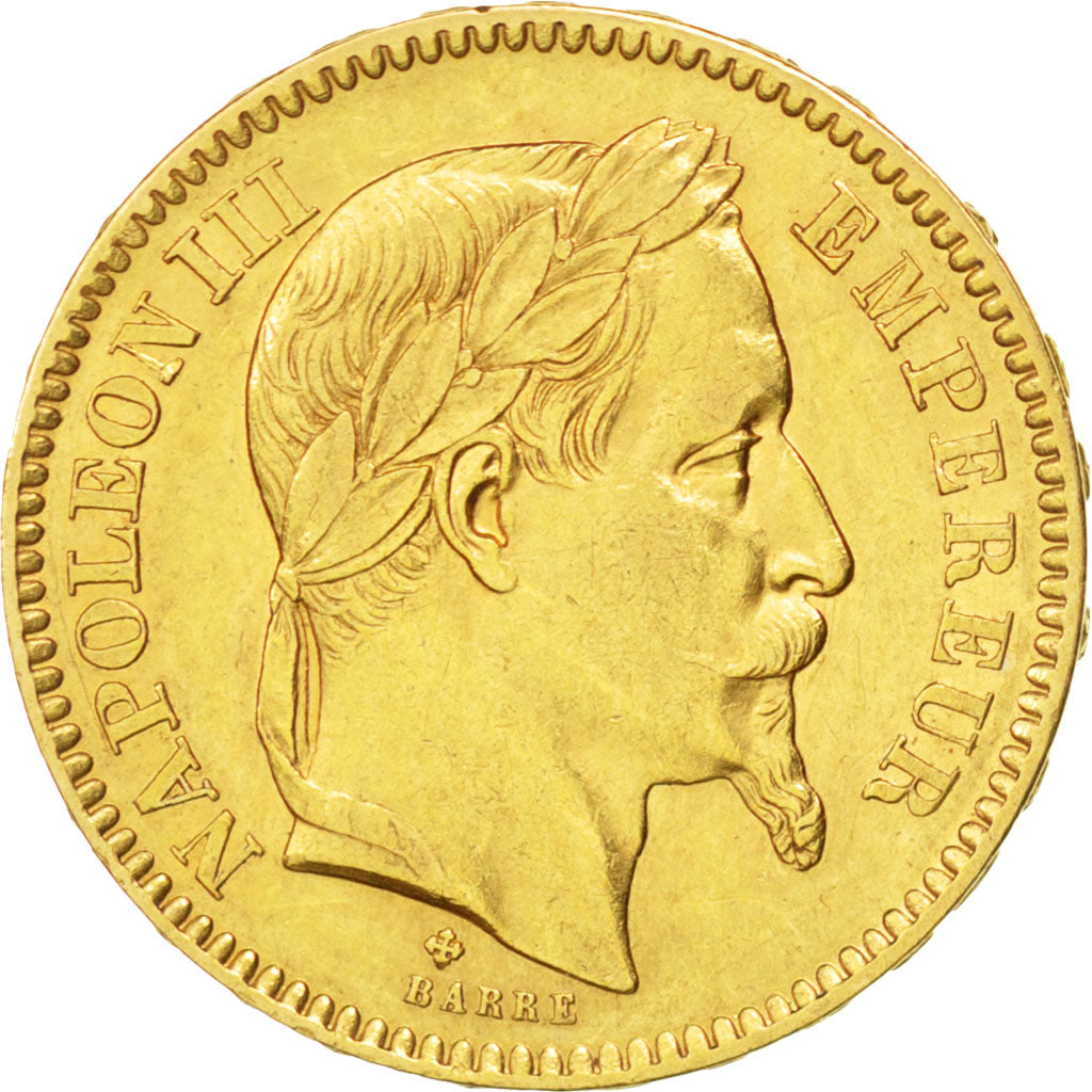 FRANCE, Napoléon III, 20 Francs, 1866, Strasbourg, KM #801.2, AU(50-53), Gold, G