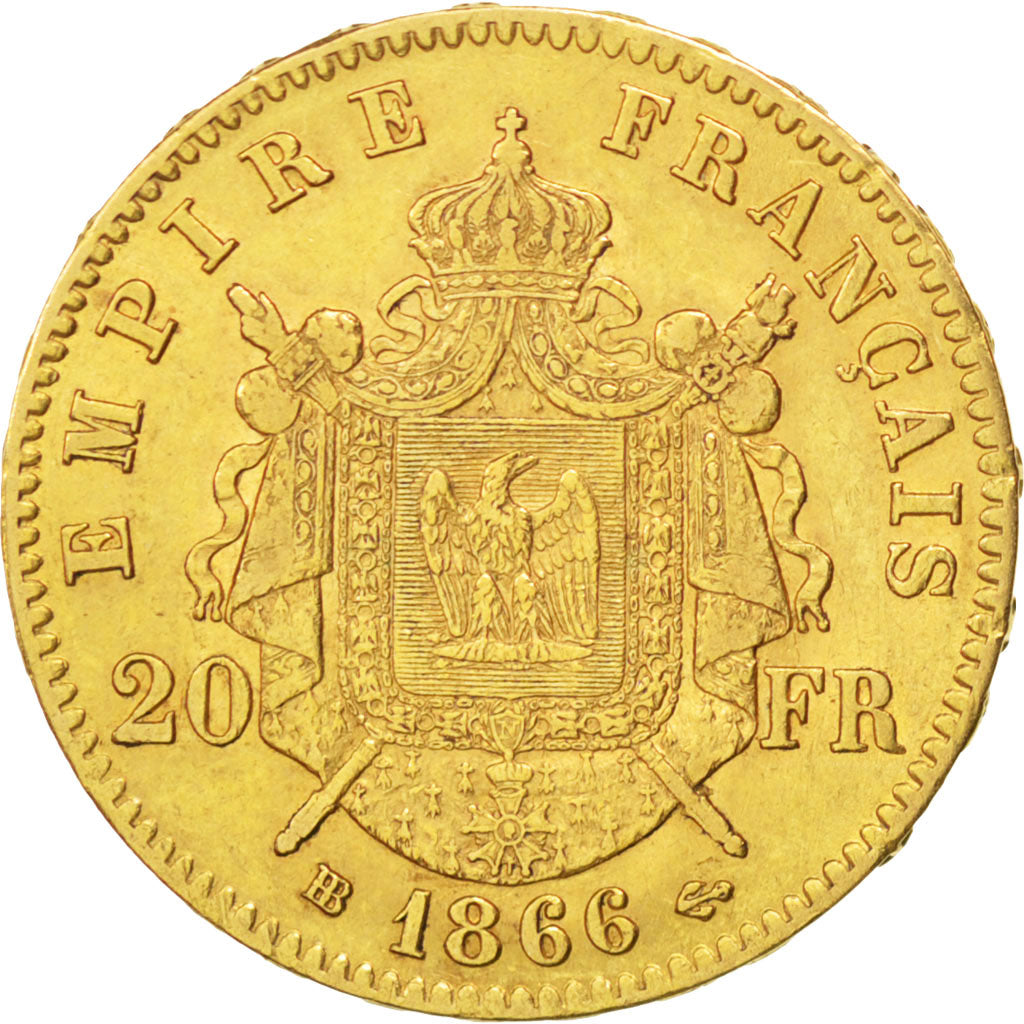FRANCE, Napoléon III, 20 Francs, 1866, Strasbourg, KM #801.2, AU(50-53), Gold, G