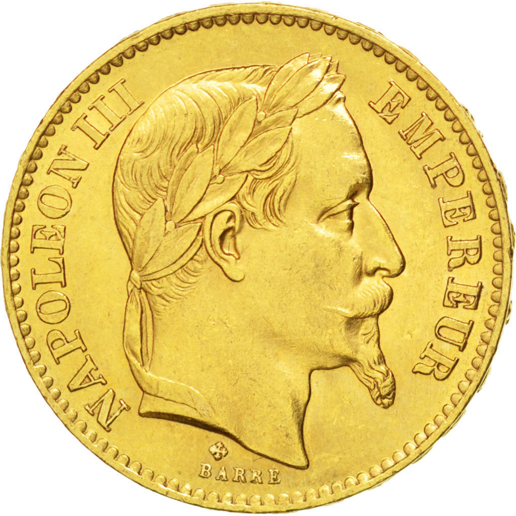 FRANCE, Napoléon III, 20 Francs, 1867, Strasbourg, KM #801.2, AU(55-58), Gold, G
