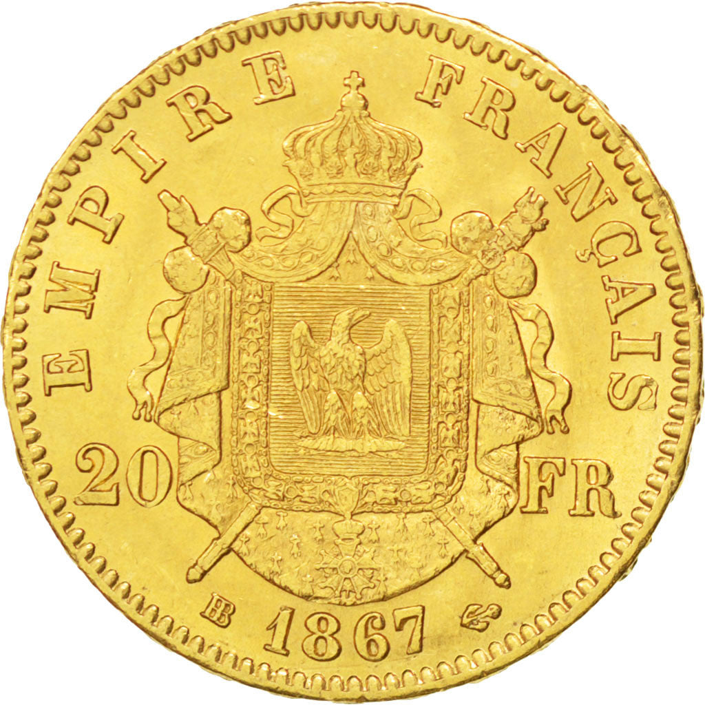 FRANCE, Napoléon III, 20 Francs, 1867, Strasbourg, KM #801.2, AU(55-58), Gold, G