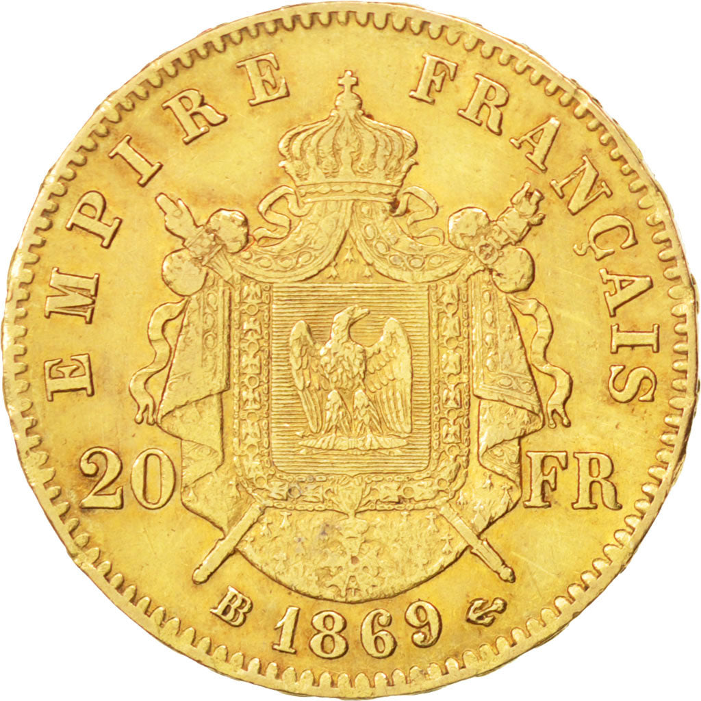 FRANCE, Napoléon III, 20 Francs, 1869, Strasbourg, KM #801.2, AU(55-58), Gold, G