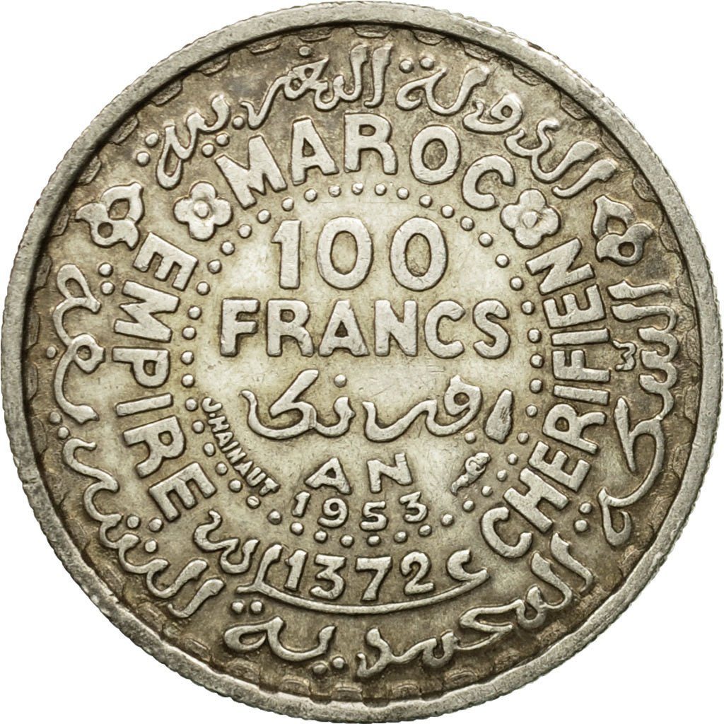 Coin, Morocco, Mohammed V, 100 Francs, 1953, Paris, EF(40-45), Silver, KM:52