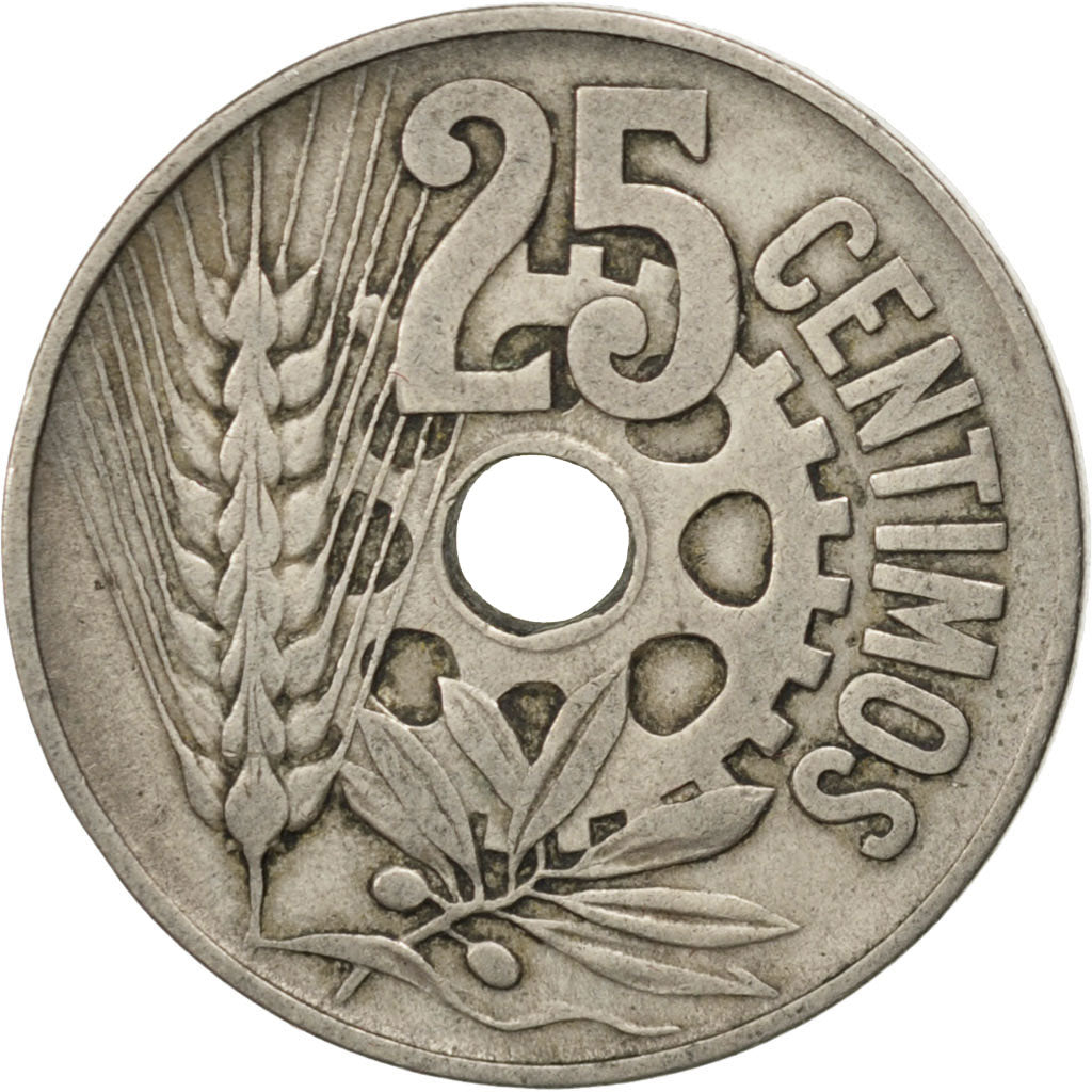 SPAIN, 25 Centimos, 1934, KM #751, EF(40-45), Copper-Nickel, 6.83