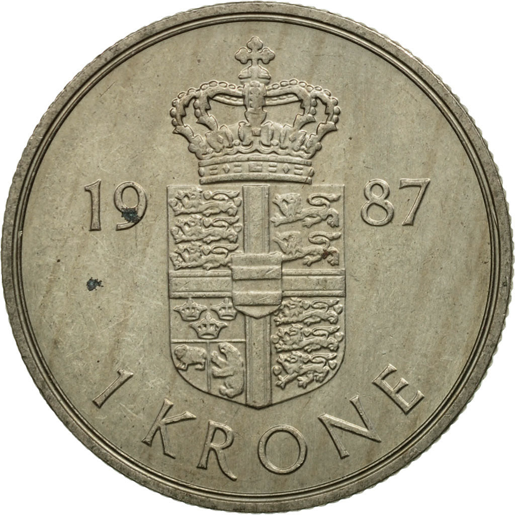 Coin, Denmark, Margrethe II, Krone, 1987, Copenhagen, EF(40-45), Copper-nickel