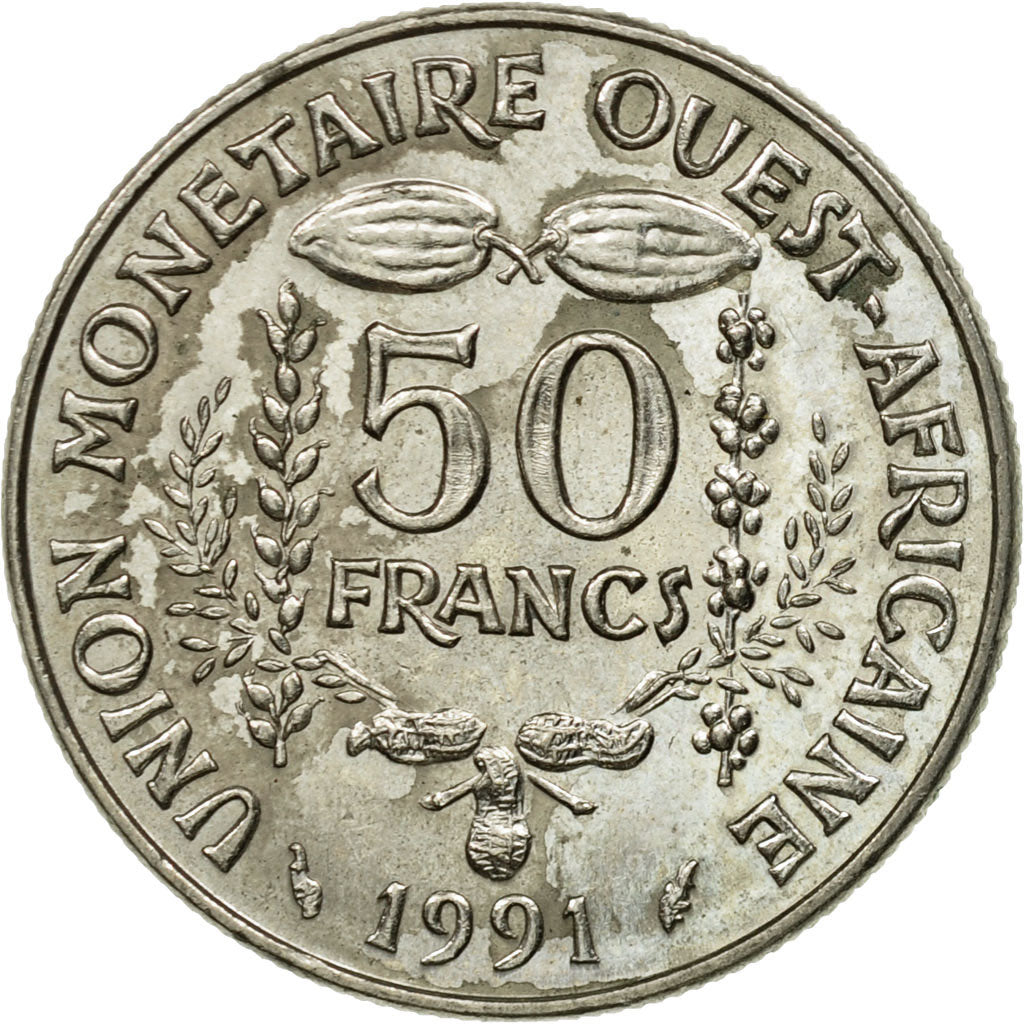 Coin, West African States, 50 Francs, 1991, Paris, EF(40-45), Copper-nickel
