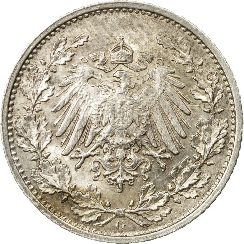 Coin, GERMANY - EMPIRE, 1/2 Mark, 1915, Karlsruhe, EF(40-45), Silver, KM:17