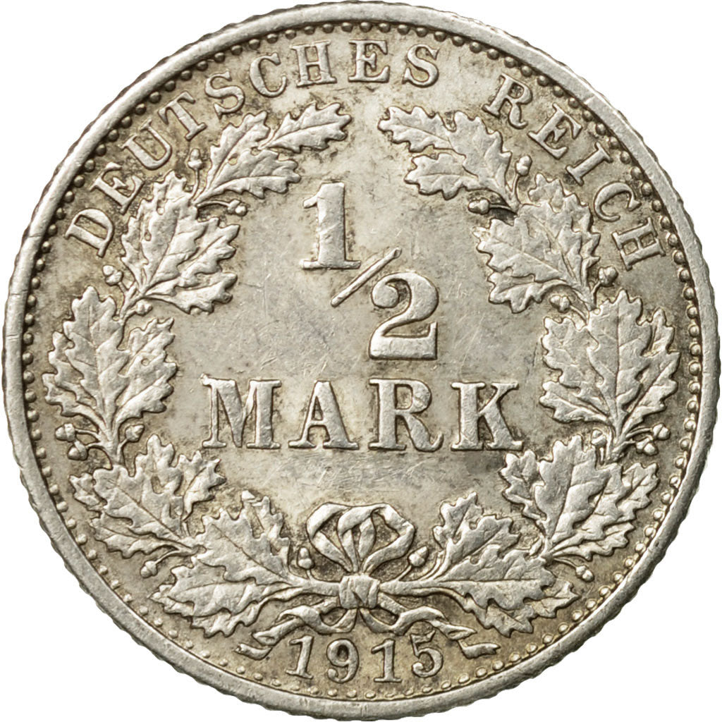 Coin, GERMANY - EMPIRE, 1/2 Mark, 1915, Karlsruhe, EF(40-45), Silver, KM:17