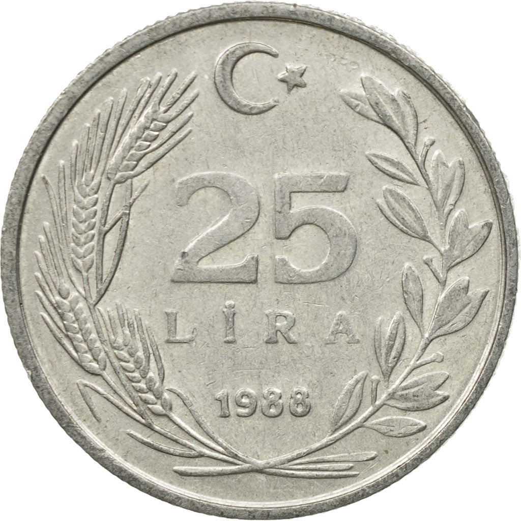 Moneta, Turcja, 25 Lira, 1988, EF(40-45), Aluminium, KM:975