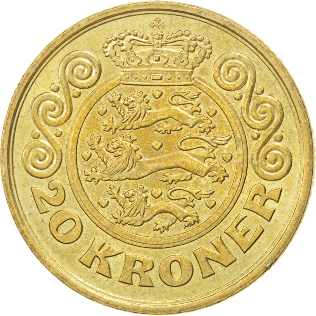 DENMARK, 20 Kroner, 1991, Copenhagen, KM #871, MS(60-62), Aluminum-Bronze, 27,..
