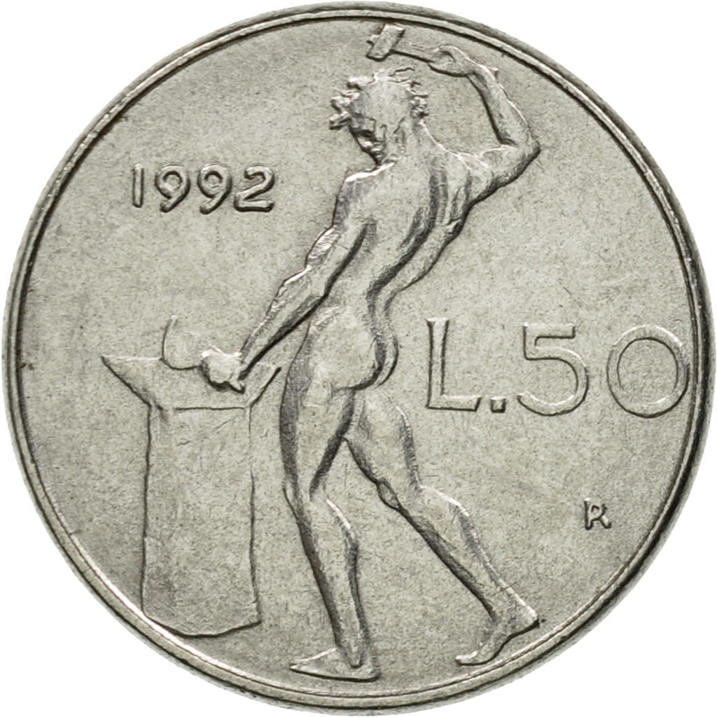 Coin, Italy, 50 Lire, 1992, Rome, EF(40-45), Stainless Steel, KM:95.2