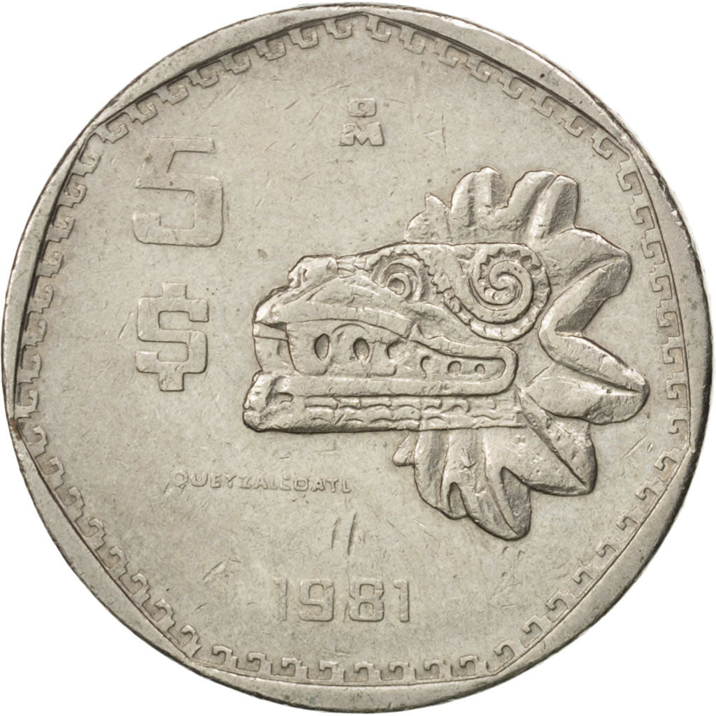 MEXICO, 5 Pesos, 1981, Mexico City, KM #485, EF(40-45), Copper-Nickel, 27, 10.22