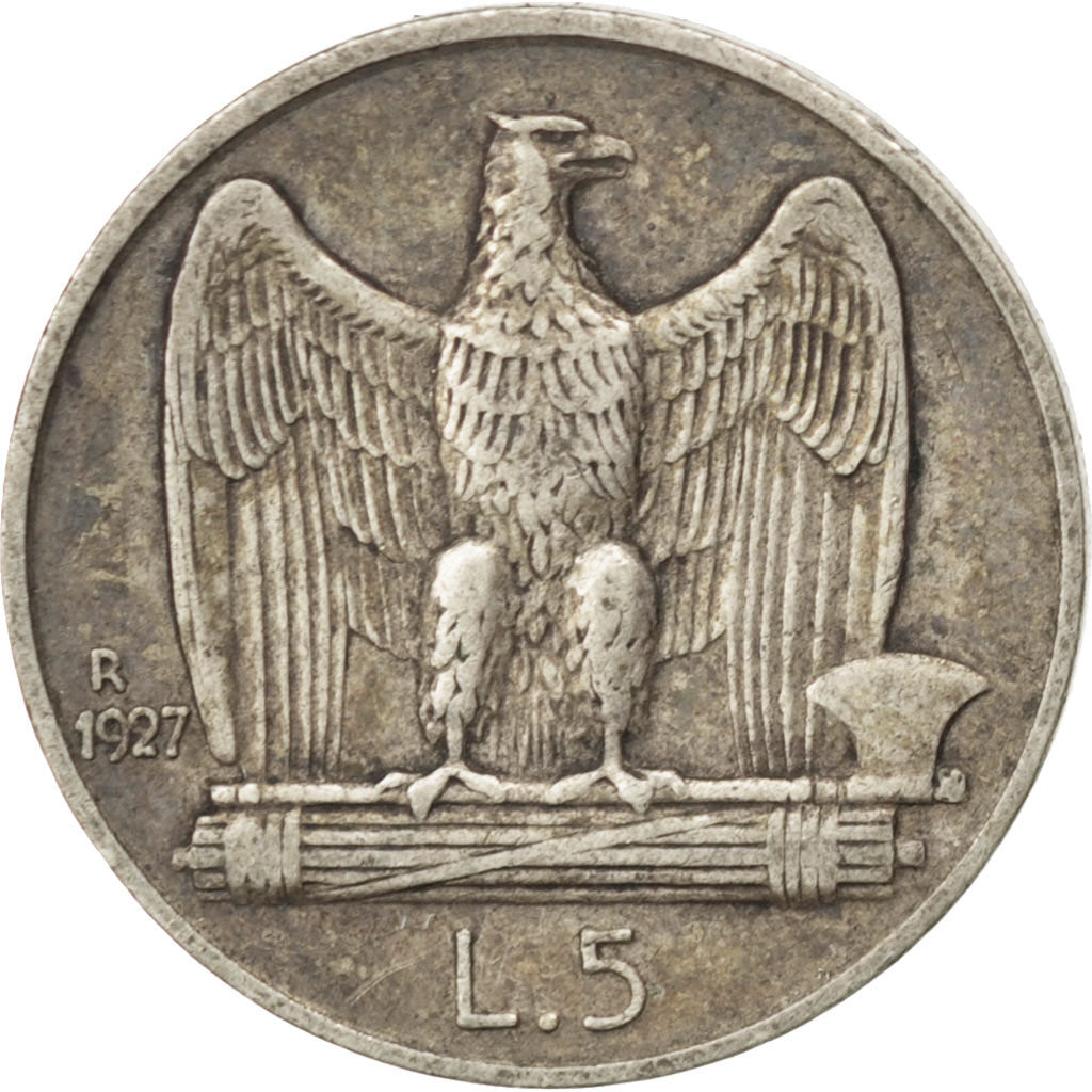 ITALY, 5 Lire, 1927, Rome, KM #67.1, EF(40-45), Silver, 23, 4.95