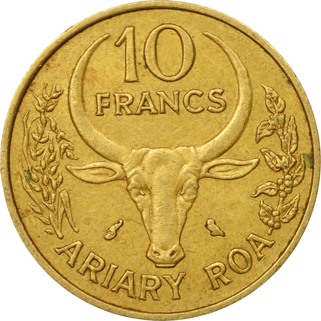 Coin, Madagascar, 10 Francs, 2 Ariary, 1970, Paris, EF(40-45), Aluminum-Bronze