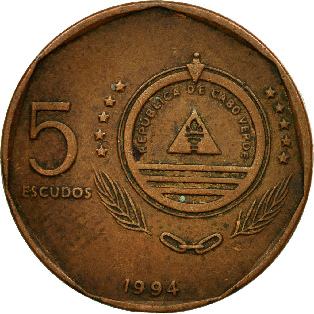 Coin, Cape Verde, 5 Escudos, 1994, EF(40-45), Copper Plated Steel, KM:36