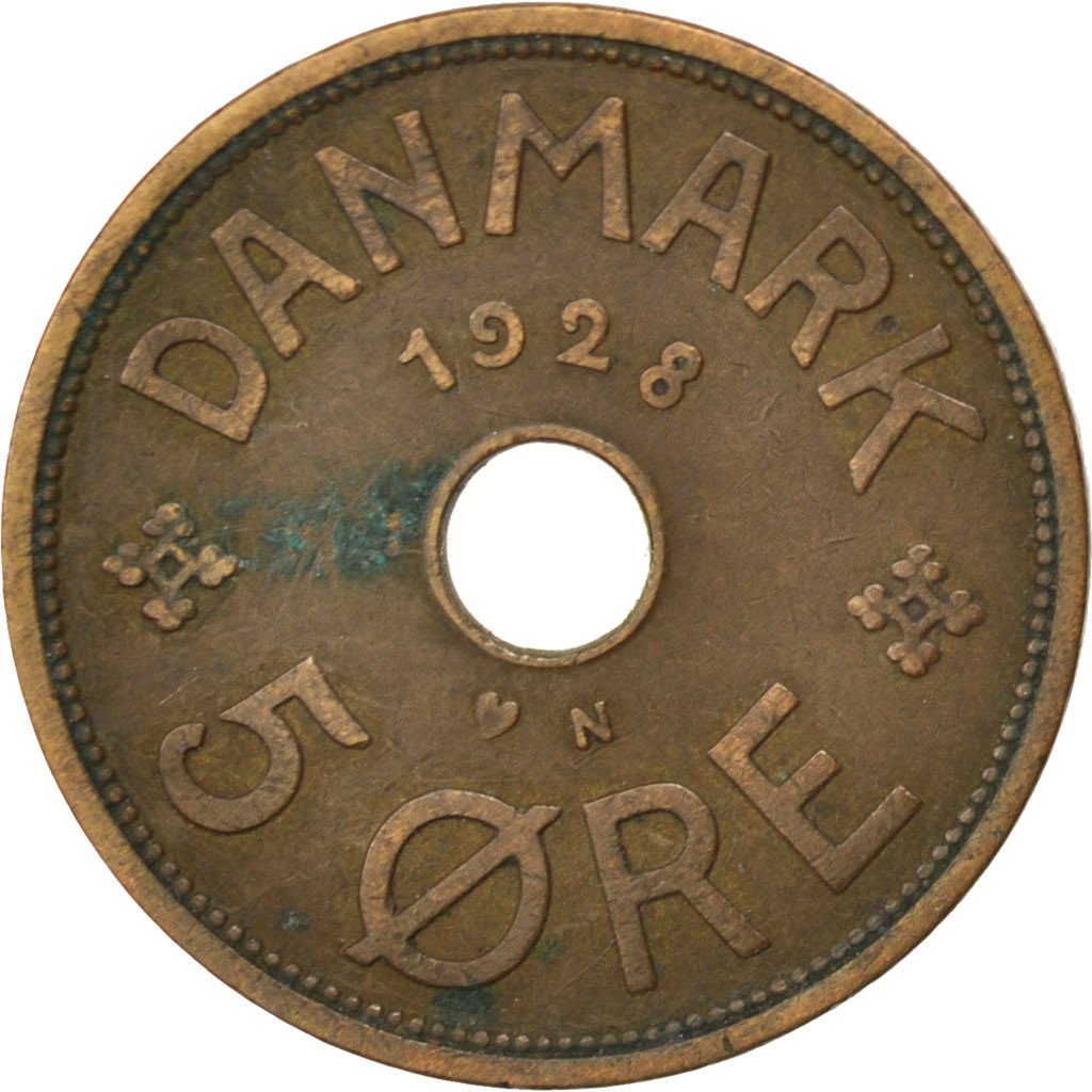 DENMARK, 5 Ore, 1928, Copenhagen, KM #828.2, VF(30-35), Bronze, 7.54