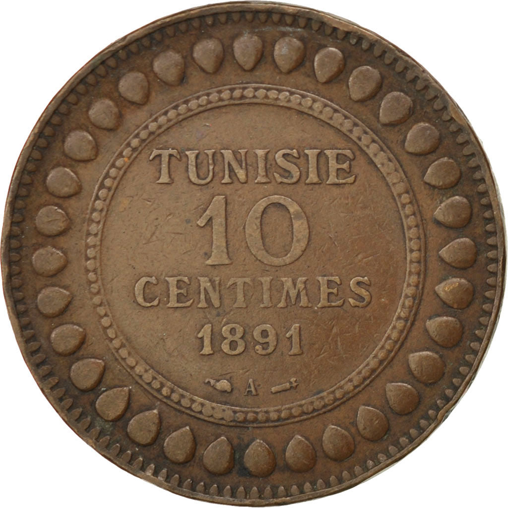 Coin, Tunisia, Ali Bey, 10 Centimes, 1891, Paris, EF(40-45), Bronze, KM:222