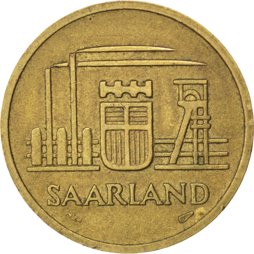 SAARLAND, 20 Franken, 1954, Paris, KM #2, AU(50-53), Aluminum-Bronze, 23.5, 4.04
