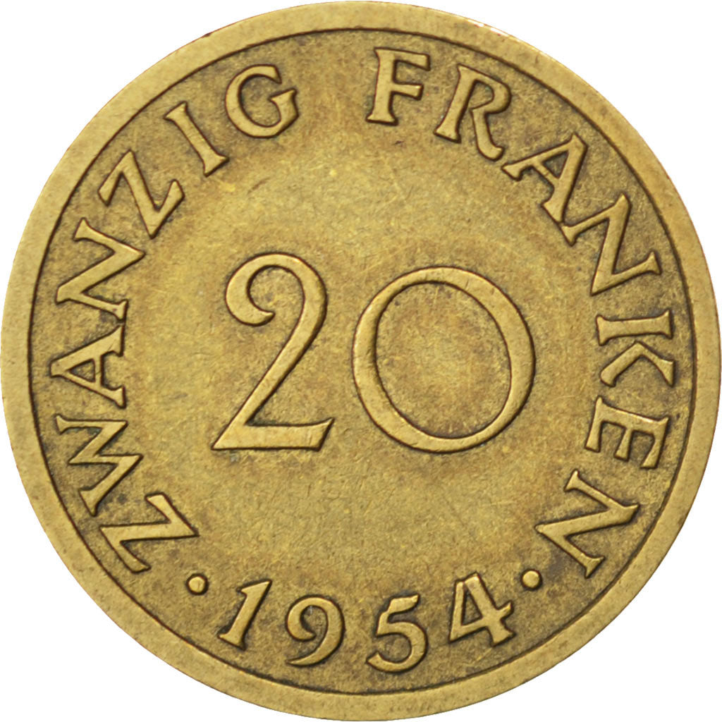 SAARLAND, 20 Franken, 1954, Paris, KM #2, AU(50-53), Aluminum-Bronze, 23.5, 4.04