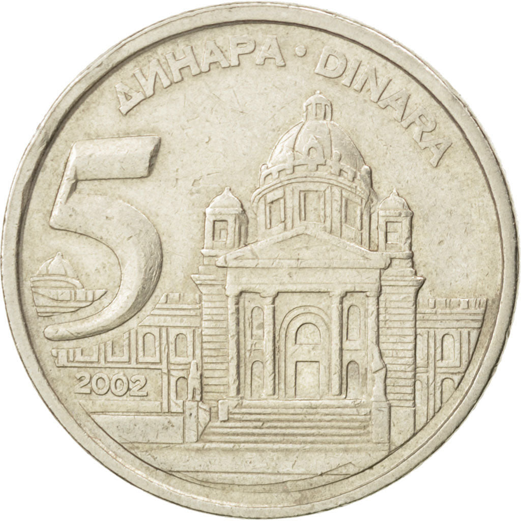 YUGOSLAVIA, 5 Dinara, 2002, Belgrade, KM #182, EF(40-45), Copper-Nickel-Zinc,...