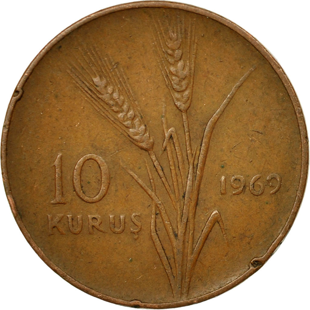 Moneta, Turchia, 10 Kurus, 1969, BB, Bronzo, KM:891.2