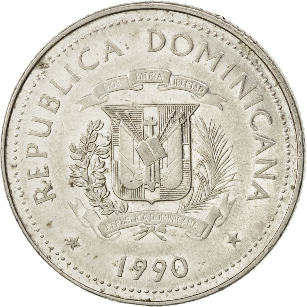 Coin, Dominican Republic, 25 Centavos, 1990, AU(55-58), Nickel Clad Steel