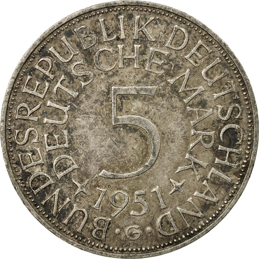 Moneta, GERMANIA - REPUBBLICA FEDERALE, 5 Mark, 1951, Karlsruhe, BB, Argento