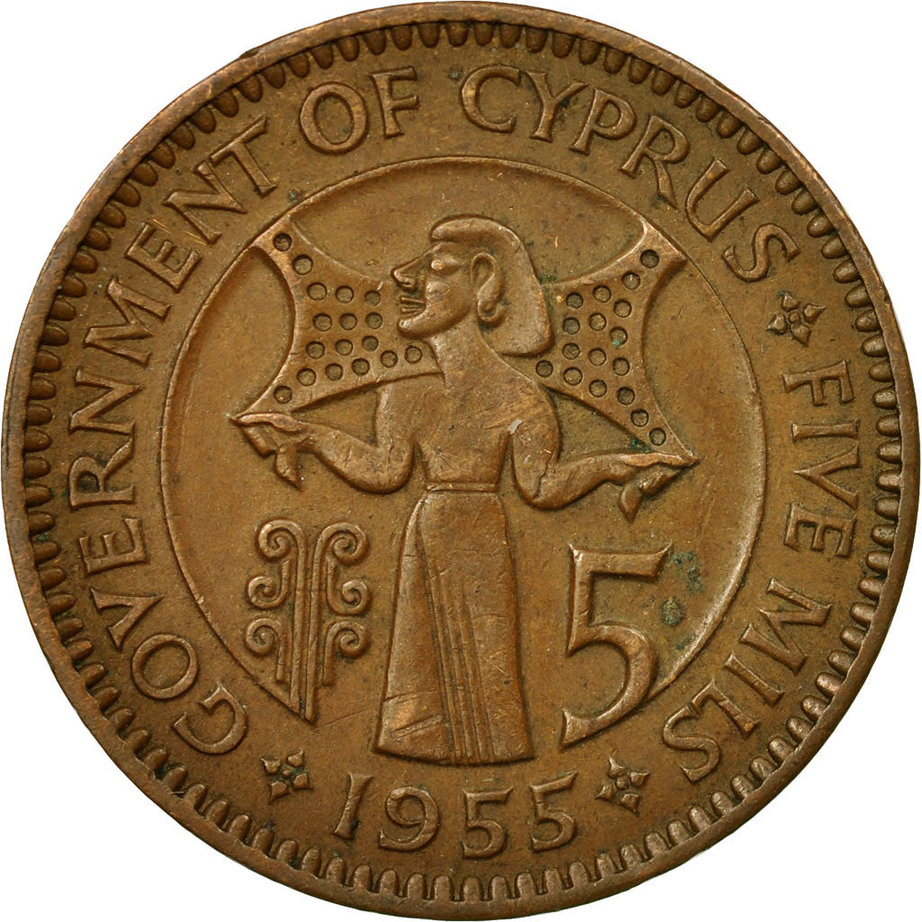 Coin, Cyprus, 5 Mils, 1955, EF(40-45), Bronze, KM:34