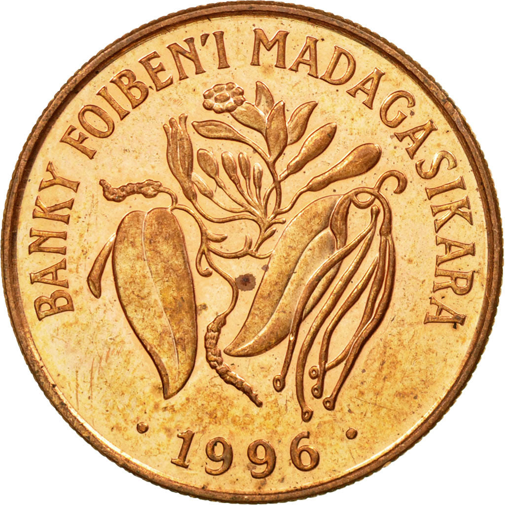Moneta, Madagascar, 10 Francs, 2 Ariary, 1996, Paris, BB, Acciaio placcato rame