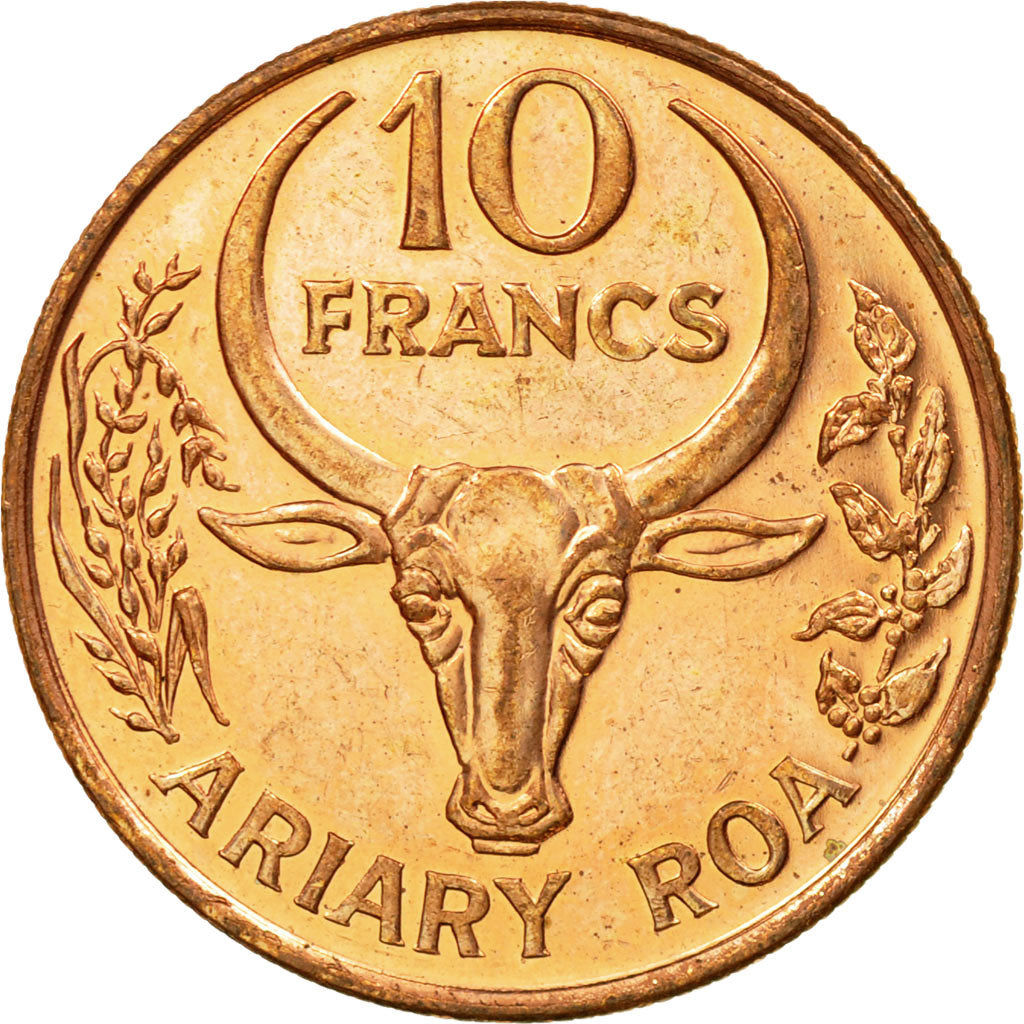 Moneta, Madagascar, 10 Francs, 2 Ariary, 1996, Paris, BB, Acciaio placcato rame