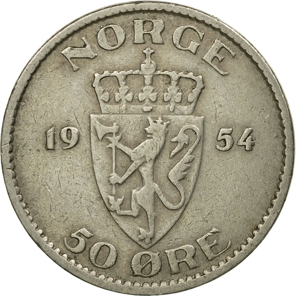 Coin, Norway, Haakon VII, 50 Öre, 1954, EF(40-45), Copper-nickel, KM:402