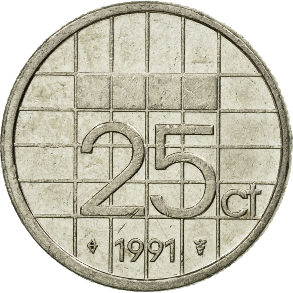 Moneta, Holandia, Beatrix, 25 Cents, 1991, EF(40-45), Nikiel, KM:204
