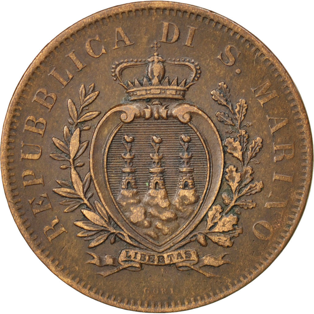 Coin, San Marino, 10 Centesimi, 1875, AU(50-53), Copper, KM:2