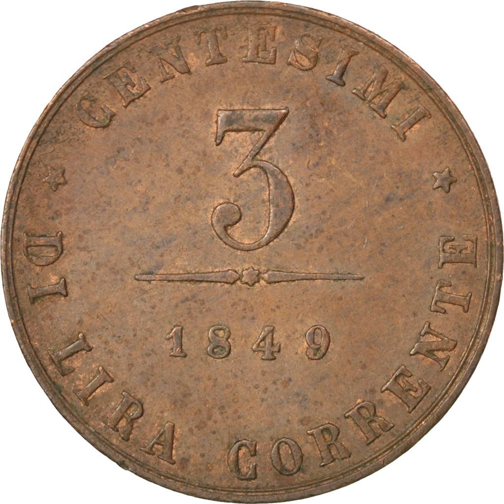 ITALIAN STATES, 3 Centesimi, 1849, Venice, KM #808, MS(60-62), Copper, 22, 3.20