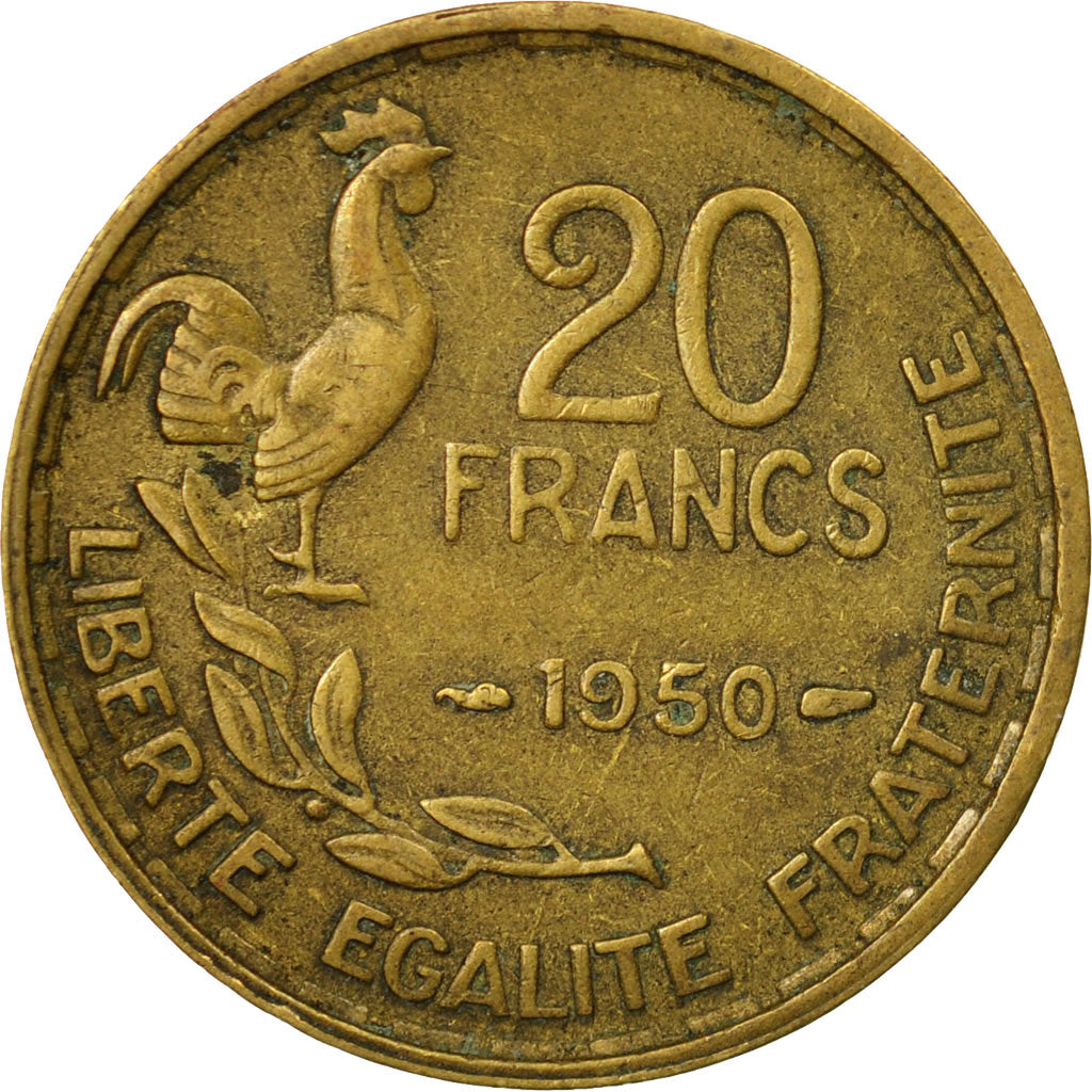 Moneda, Francia, Guiraud, 20 Francs, 1950, Paris, MBC, Aluminio - bronce