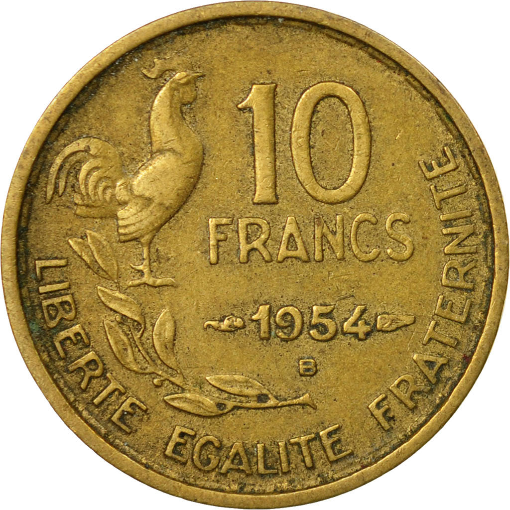 Moneda, Francia, Guiraud, 10 Francs, 1954, Beaumont - Le Roger, MBC, Aluminio -