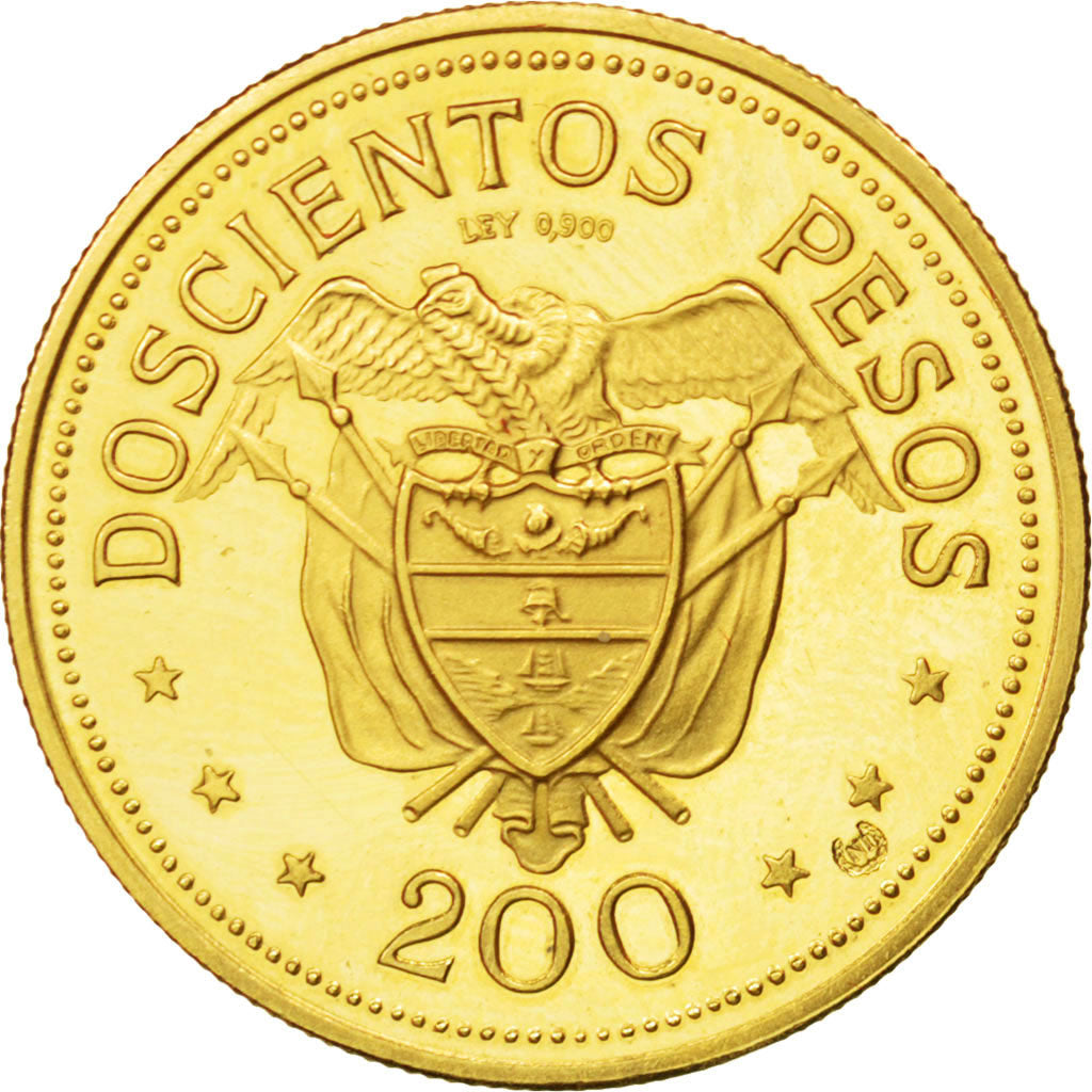 COLOMBIA, 200 Pesos, 1968, KM #232, MS(65-70), Gold, 8.67
