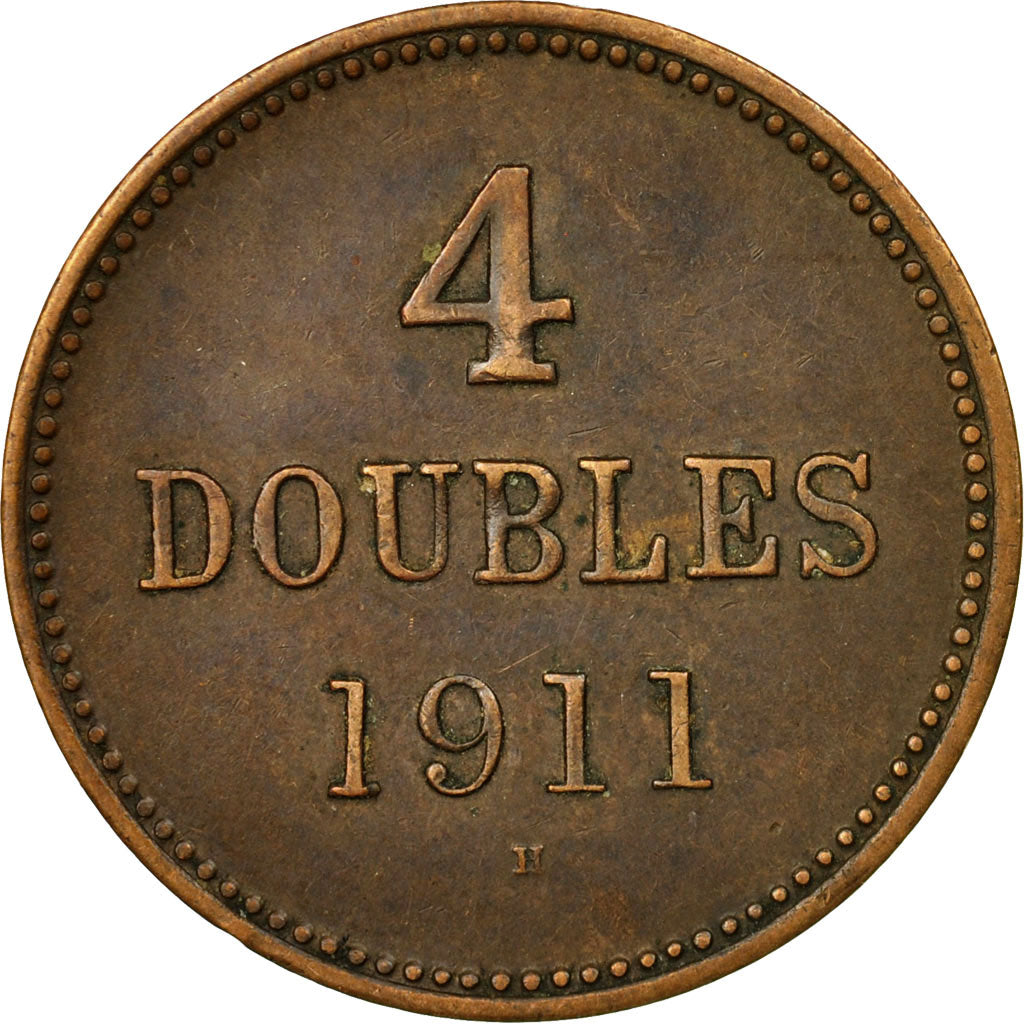 Coin, Guernsey, 4 Doubles, 1911, Heaton, Birmingham, VF(30-35), Bronze, KM:5