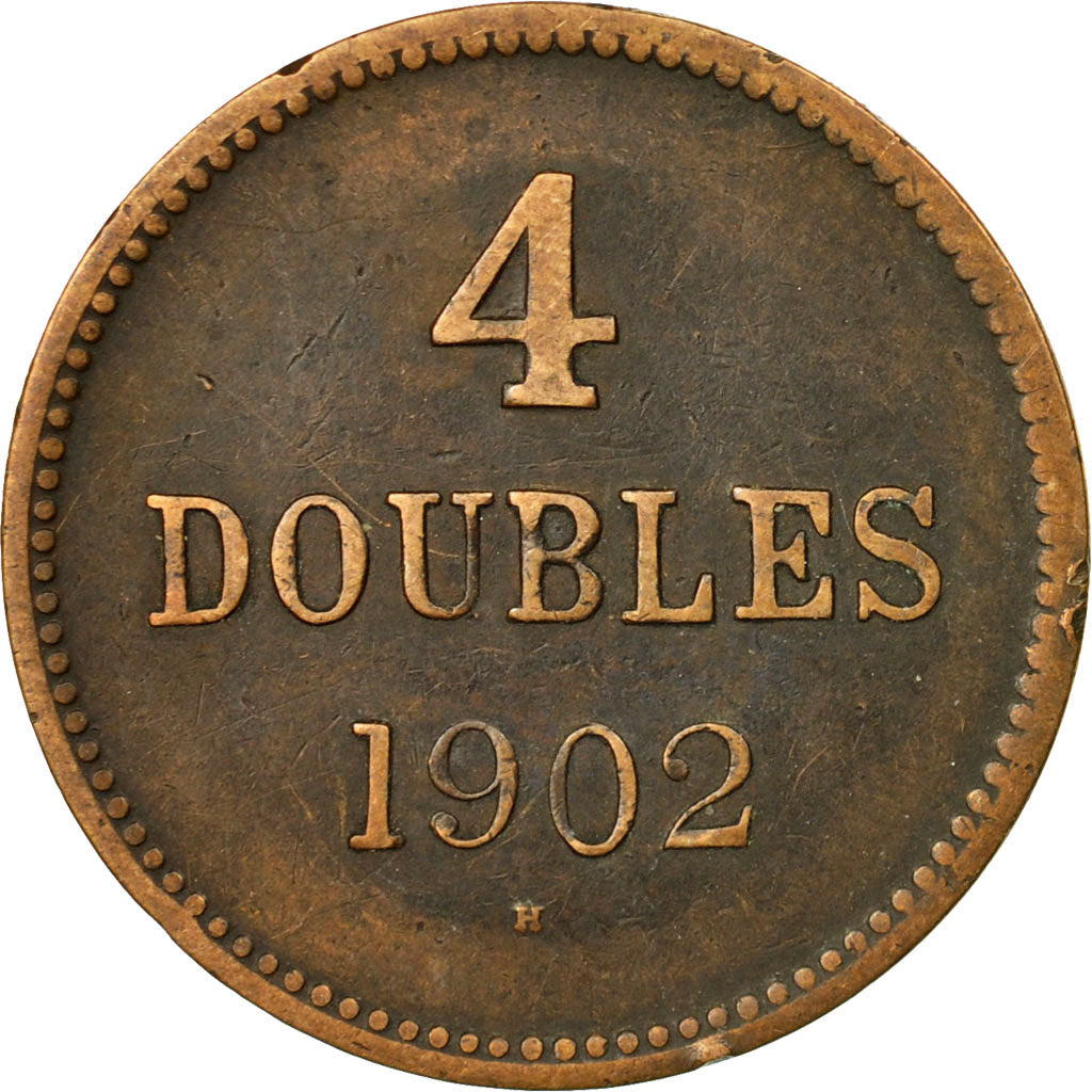 Coin, Guernsey, 4 Doubles, 1902, Heaton, Birmingham, VF(20-25), Bronze, KM:5