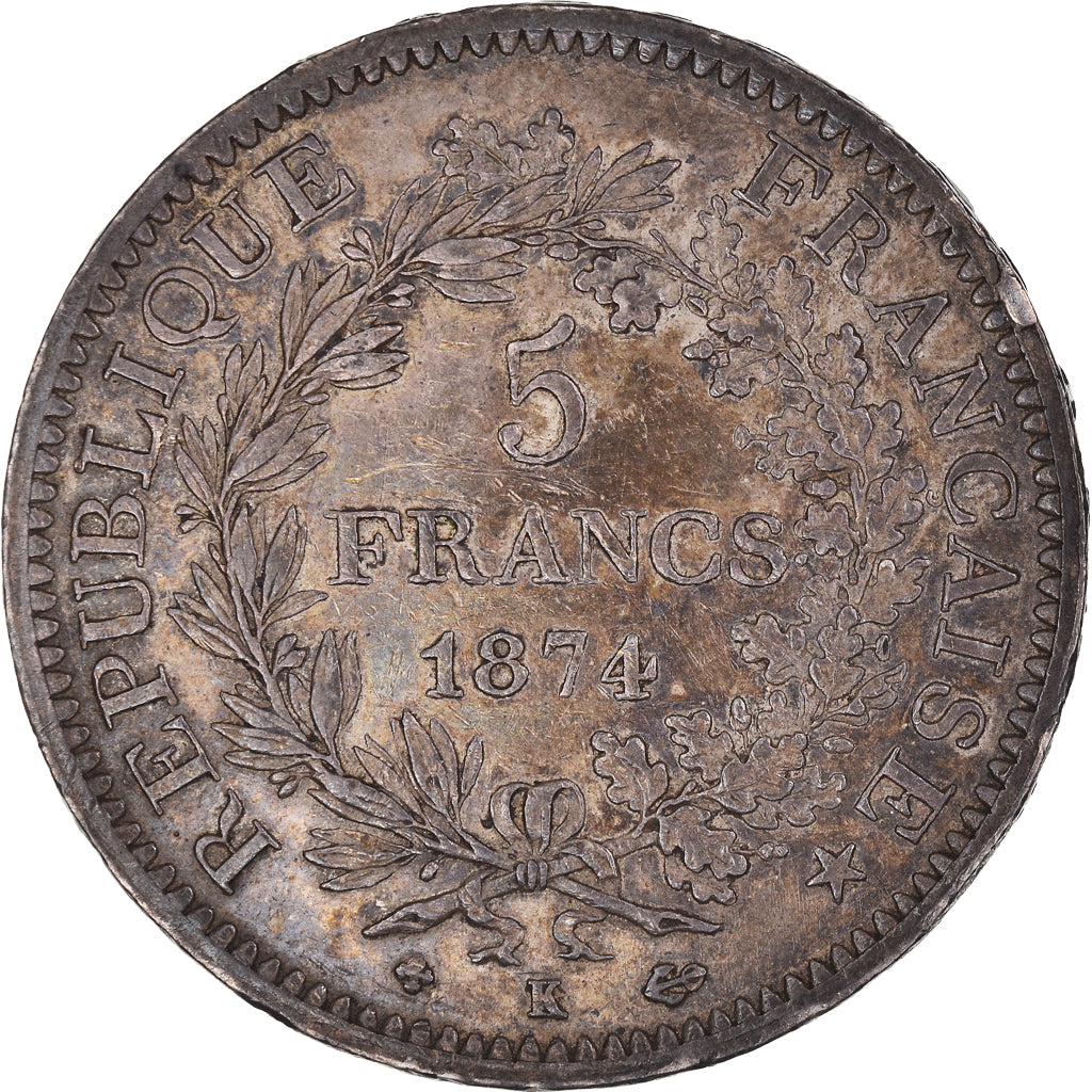 Coin, France, Hercule, 5 Francs, 1874, Bordeaux, AU(50-53), Silver, KM:820.2