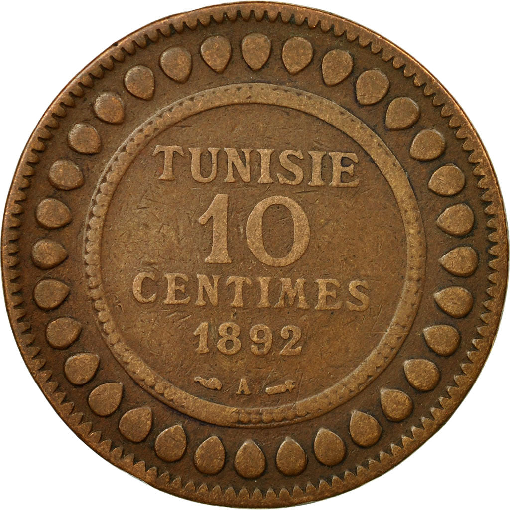 Coin, Tunisia, Ali Bey, 10 Centimes, 1892, Paris, EF(40-45), Bronze, KM:222