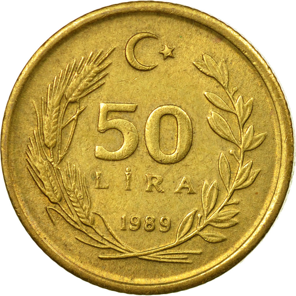 Coin, Turkey, 50 Lira, 1989, EF(40-45), Aluminum-Bronze, KM:987