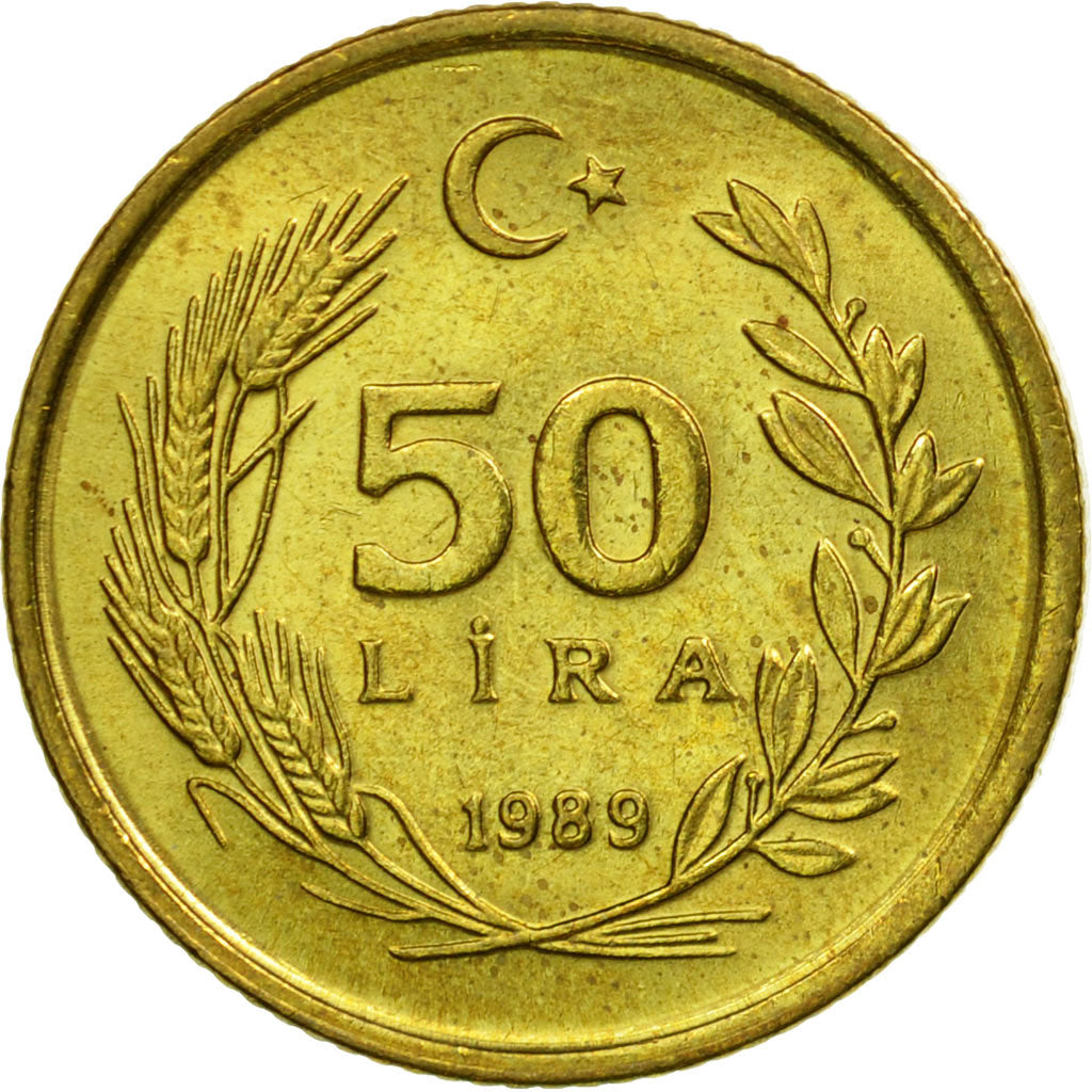 Coin, Turkey, 50 Lira, 1989, AU(55-58), Aluminum-Bronze, KM:987